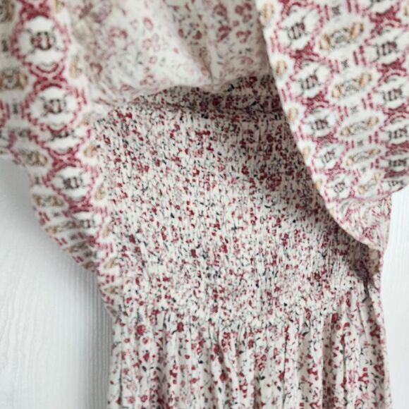 Japna Strapless Wide Leg Jumpsuit Ruffles Cream Red Floral Flare Smocked Size S - Picture 6 of 13